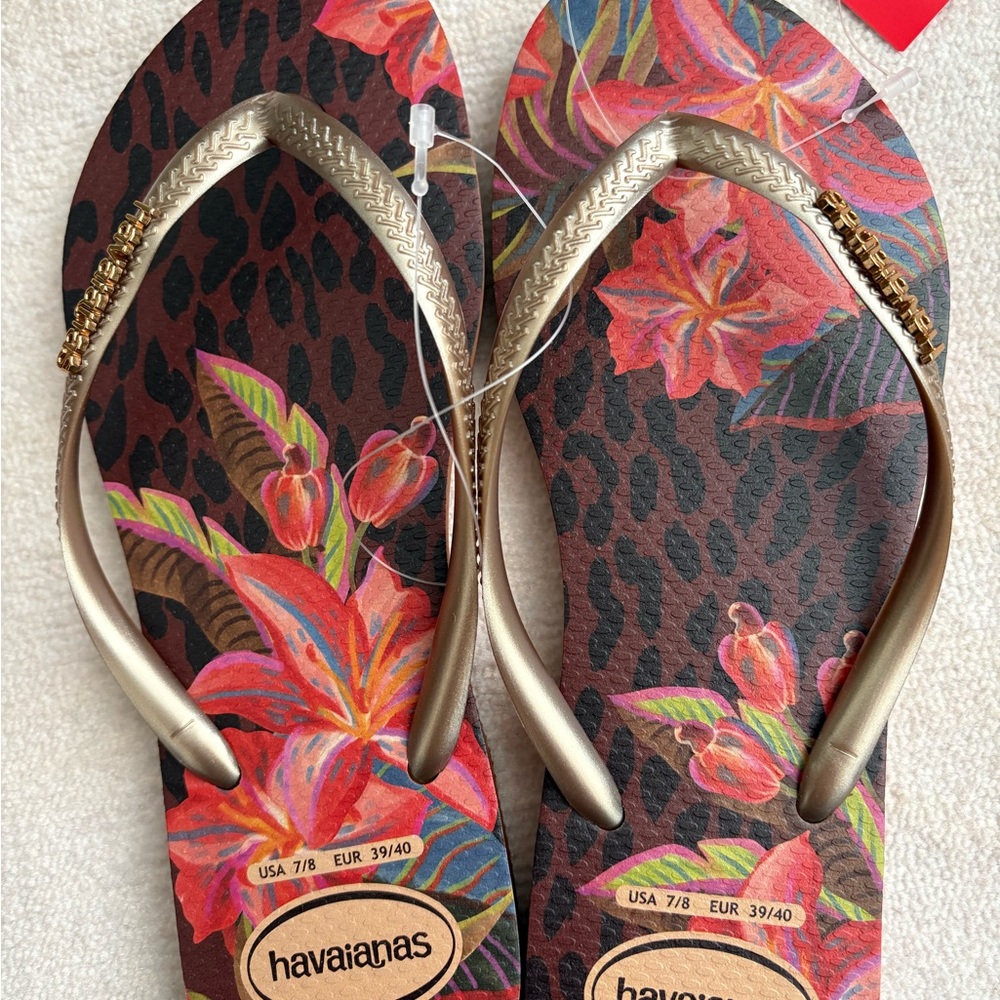 Havaianas Brown and Gold Sandals with Floral Design